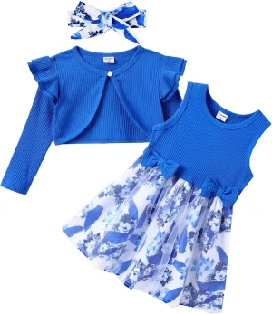 PATPAT Toddler Baby Girls Dress and Cardigan Mesh Sleeveless Playwear Dress and Ruffle Shrug with Headband