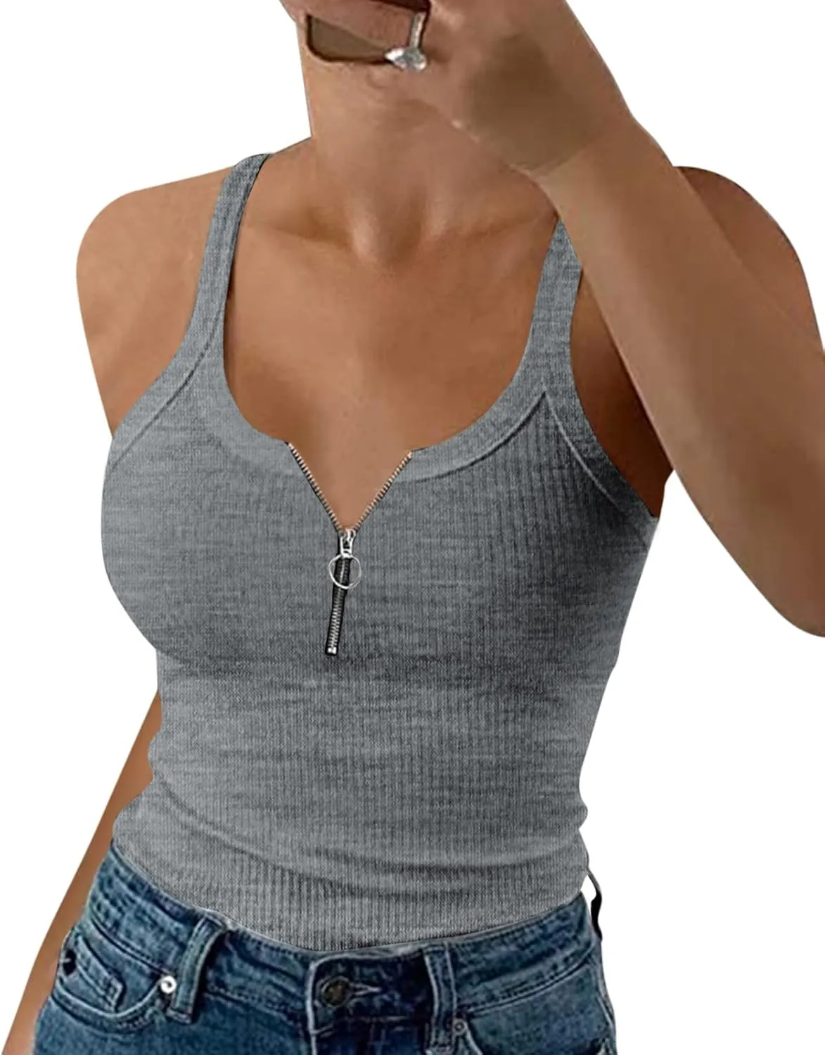 Pepochic Women's Scoop Neck Ribbed Tank Tops Workout Sleeveless Summer Casual Fitted Cami Shirt