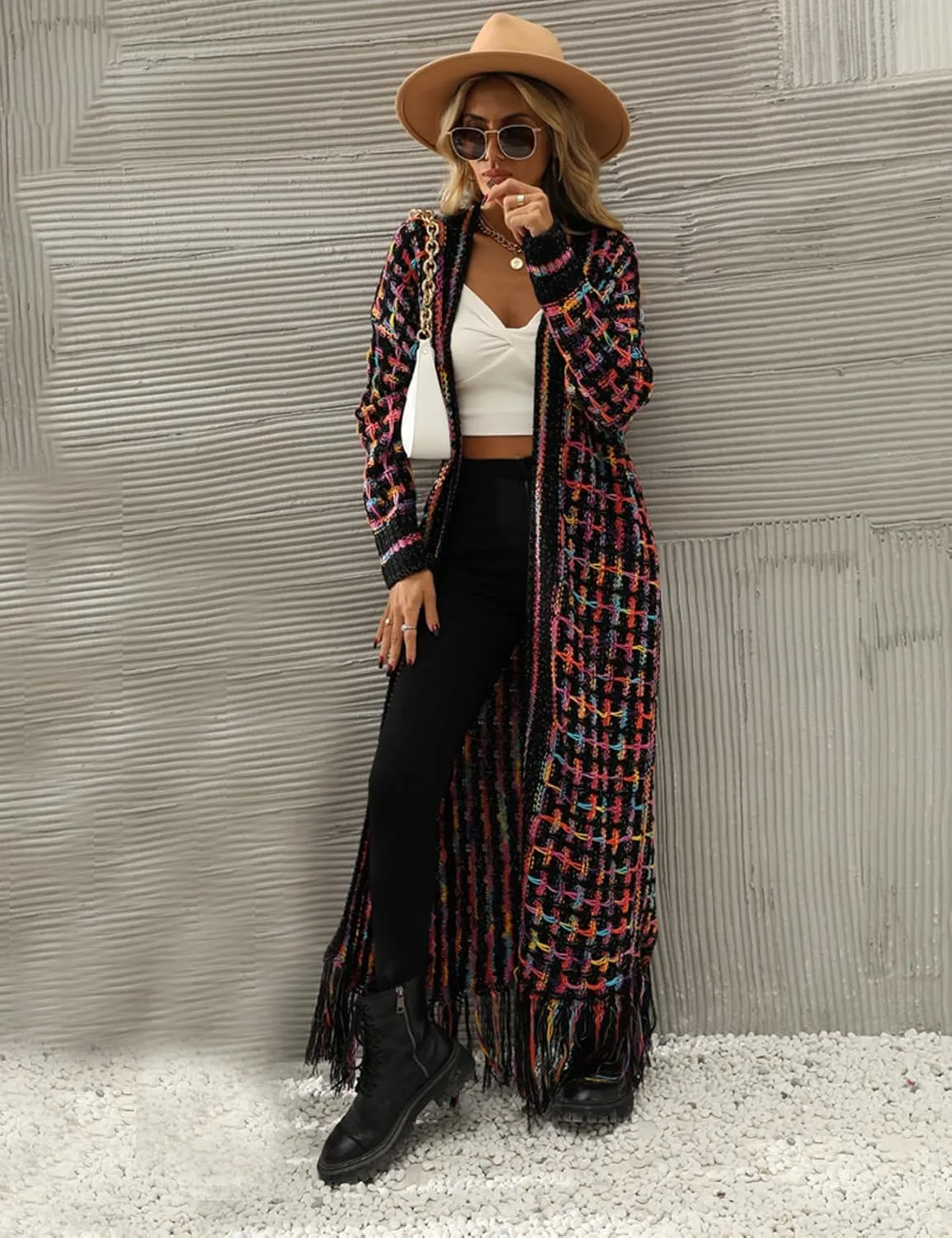 Perbai Womens Boho Cardigan Sweater Open Front Fringed Tassels Aztec Maxi Cardigan Jacket
