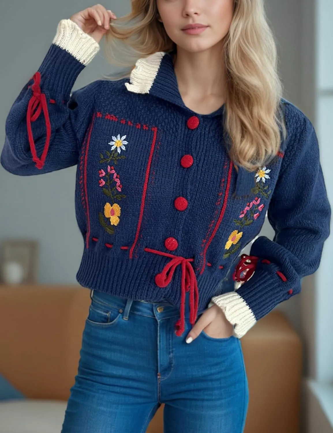 Perbai Women's Cute Floral Embroidered Boho Cardigan Sweater Lapel Button Down Long Sleeve Loose Cropped Sweater Coat