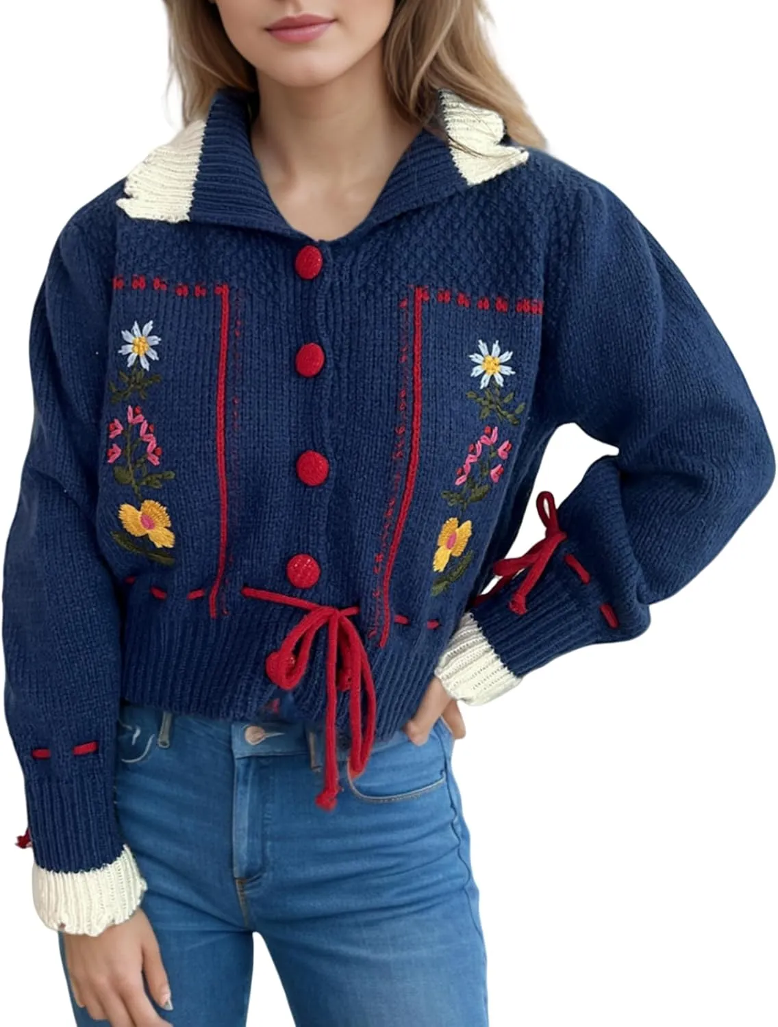 Perbai Women's Cute Floral Embroidered Boho Cardigan Sweater Lapel Button Down Long Sleeve Loose Cropped Sweater Coat