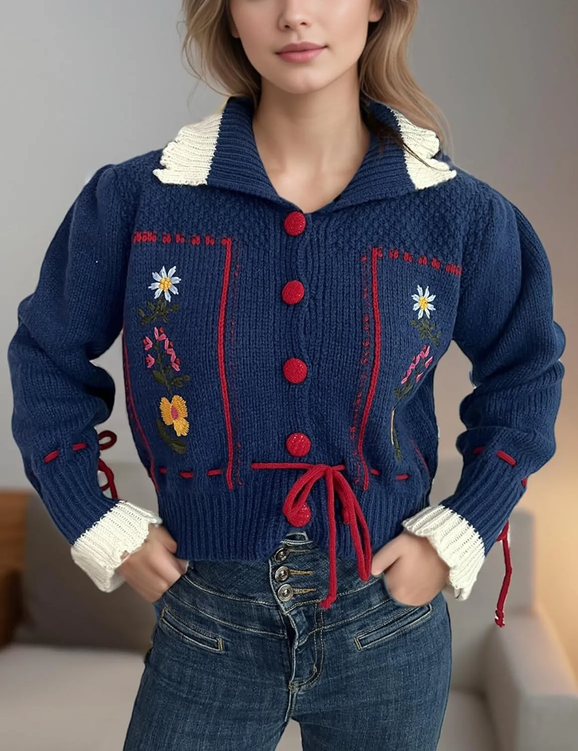 Perbai Women's Cute Floral Embroidered Boho Cardigan Sweater Lapel Button Down Long Sleeve Loose Cropped Sweater Coat