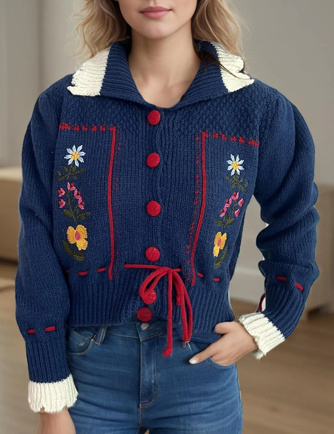 Perbai Women's Cute Floral Embroidered Boho Cardigan Sweater Lapel Button Down Long Sleeve Loose Cropped Sweater Coat