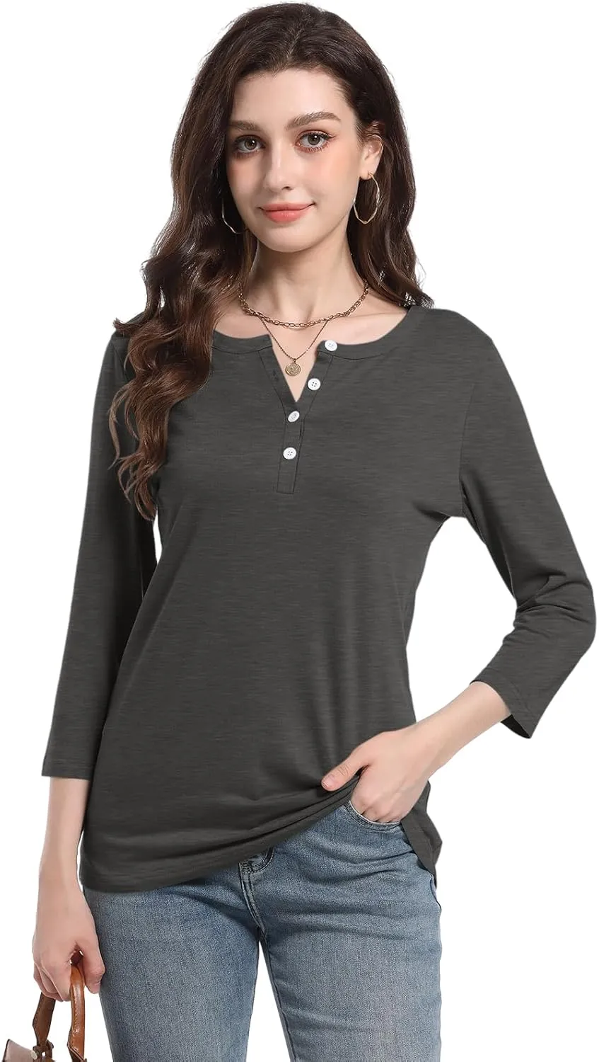 PGANDS Women's 3/4 Length Sleeve T Shirts Button Down Scoop Neck Casual Tops