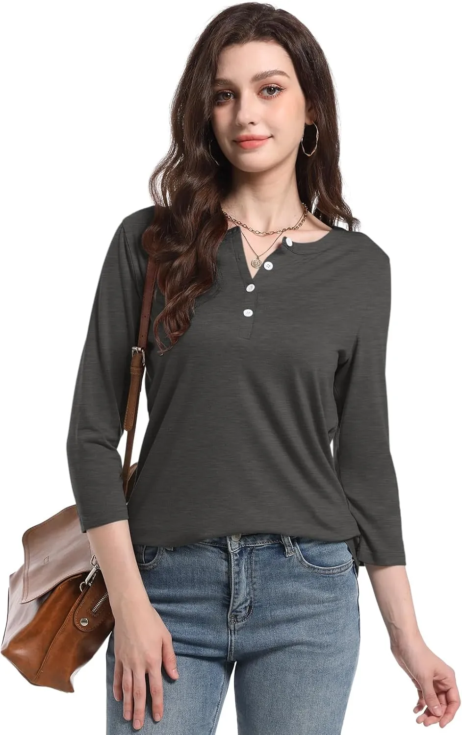 PGANDS Women's 3/4 Length Sleeve T Shirts Button Down Scoop Neck Casual Tops