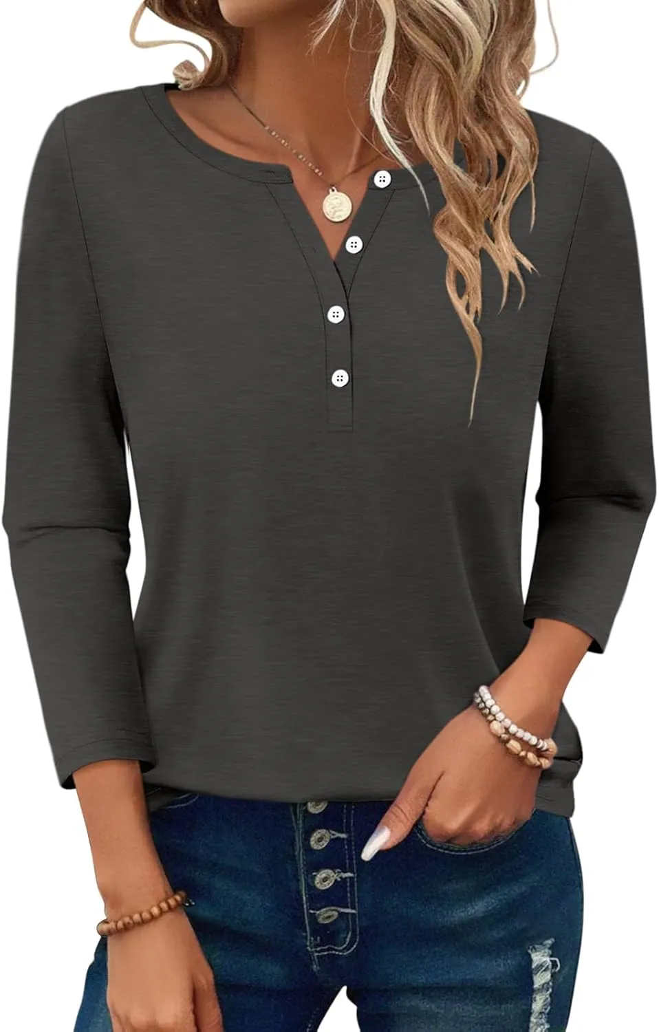 PGANDS Women's 3/4 Length Sleeve T Shirts Button Down Scoop Neck Casual Tops