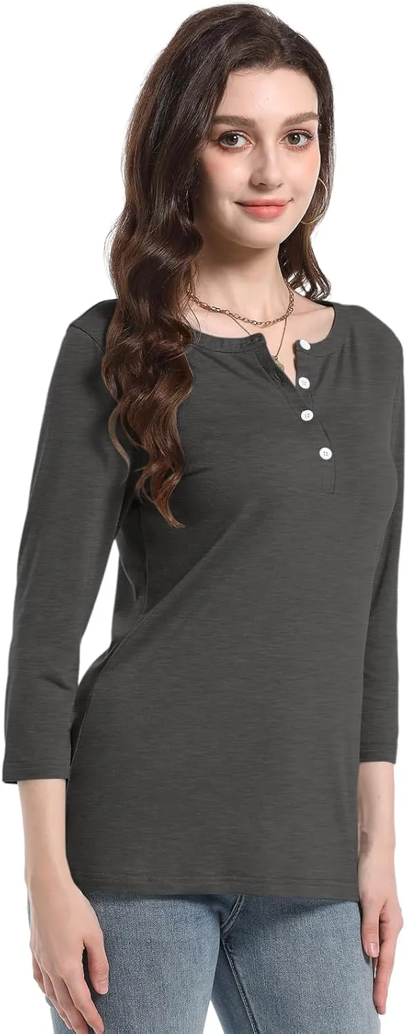 PGANDS Women's 3/4 Length Sleeve T Shirts Button Down Scoop Neck Casual Tops