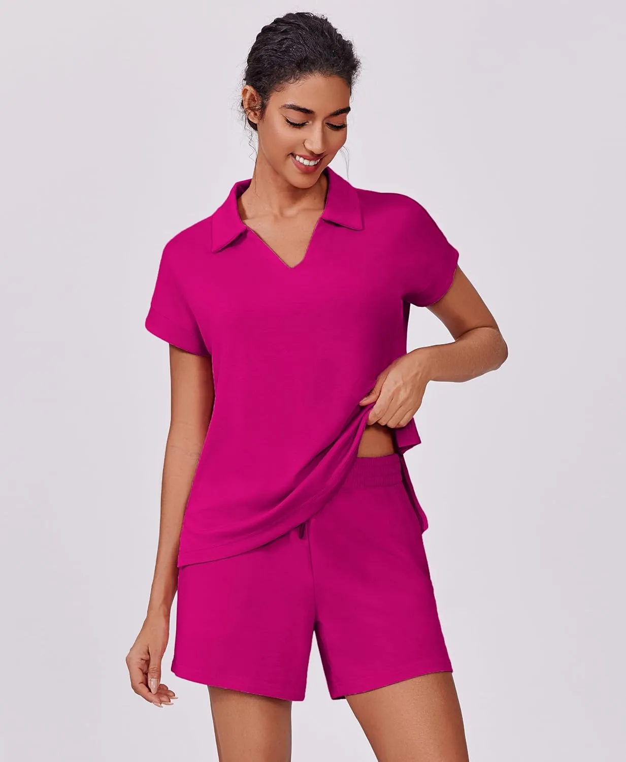 PINSPARK 2 Piece Sets for Women Summer Lounge Sets Short Sleeve Sweatsuit V-neck Tops and Drawstring Shorts Outfits Tracksuit