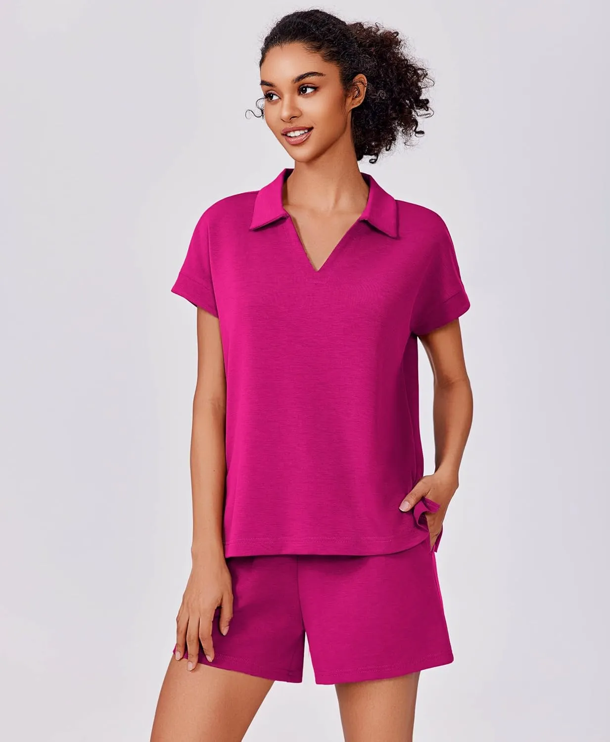 PINSPARK 2 Piece Sets for Women Summer Lounge Sets Short Sleeve Sweatsuit V-neck Tops and Drawstring Shorts Outfits Tracksuit