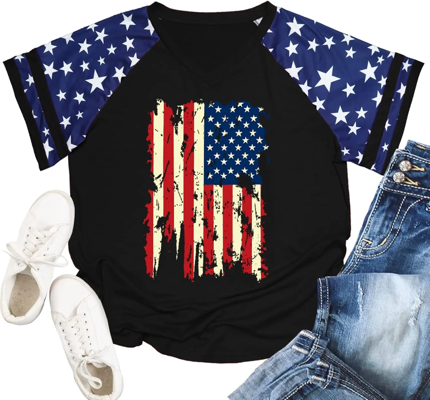 Plus Size Tops American Flag Shirts Womens V Neck Patriotic Tshirt USA Graphic Tee 4th of July T-Shirt