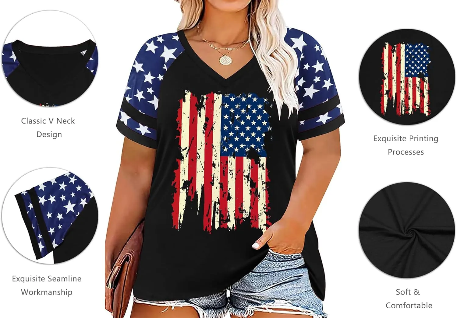 Plus Size Tops American Flag Shirts Womens V Neck Patriotic Tshirt USA Graphic Tee 4th of July T-Shirt