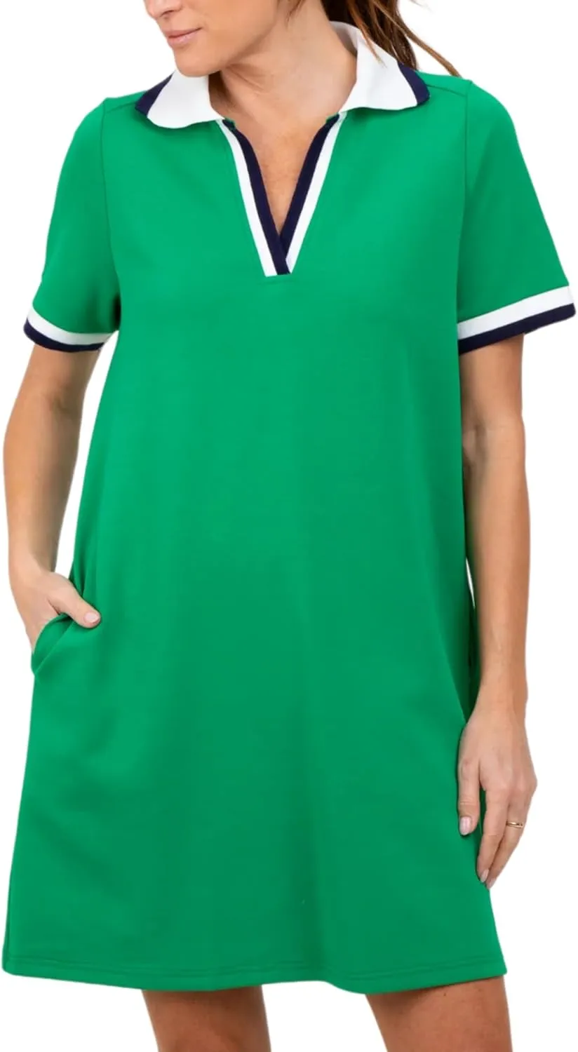 Polo Mini Dress for Women Casual V Neck Short Sleeves Tennis Dress Contrast Trim Shirt Dress with Pockets