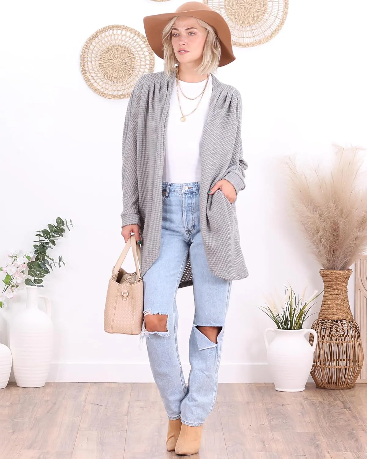 Popana Long Oversized Fall Batwing Waffle Knit Cardigan Sweaters for Women with Pockets Plus Size