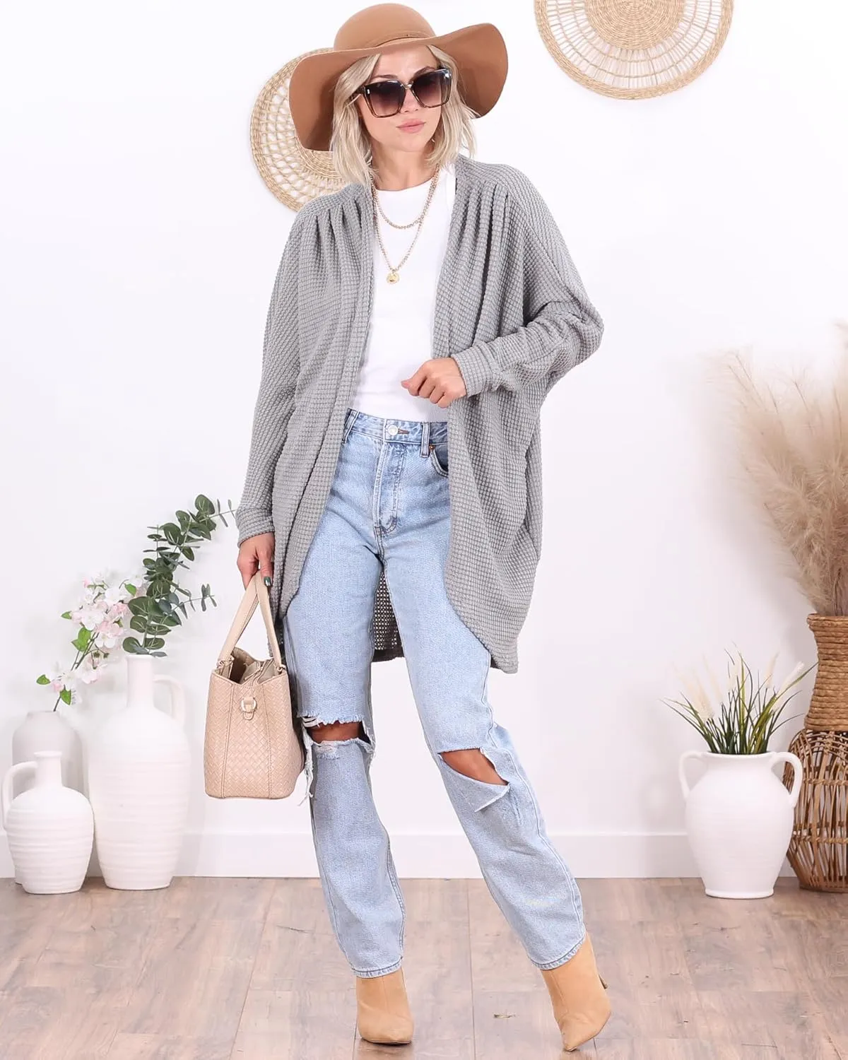 Popana Long Oversized Fall Batwing Waffle Knit Cardigan Sweaters for Women with Pockets Plus Size