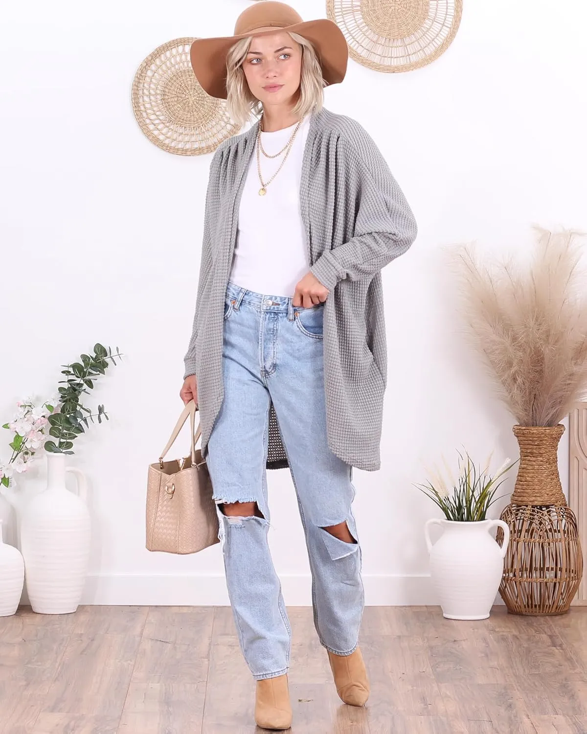 Popana Long Oversized Fall Batwing Waffle Knit Cardigan Sweaters for Women with Pockets Plus Size