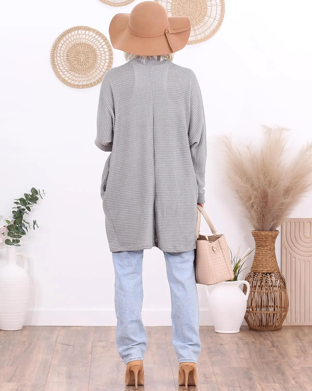 Popana Long Oversized Fall Batwing Waffle Knit Cardigan Sweaters for Women with Pockets Plus Size