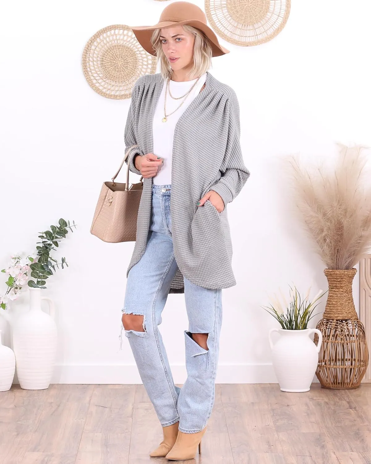 Popana Long Oversized Fall Batwing Waffle Knit Cardigan Sweaters for Women with Pockets Plus Size