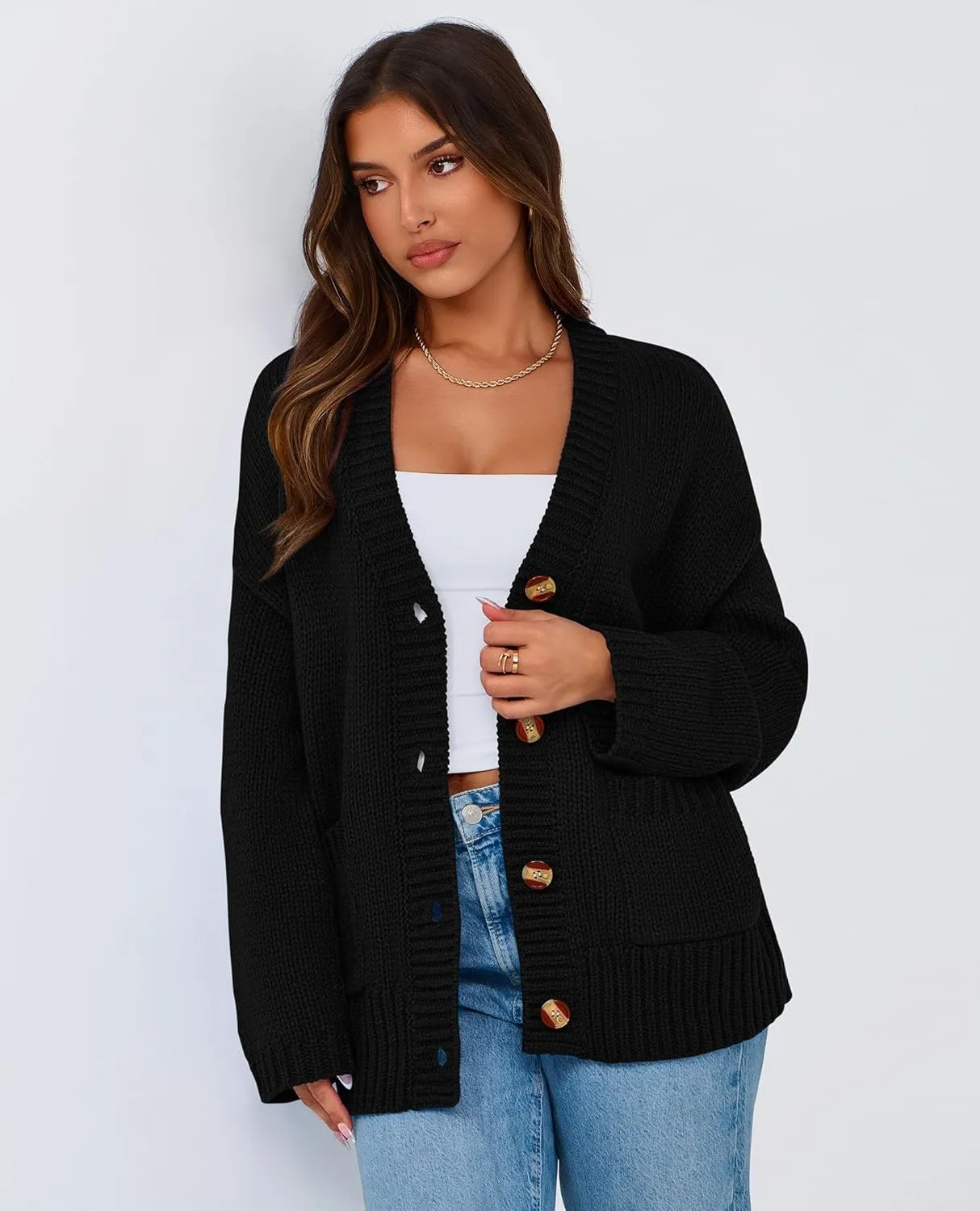 PRETTYGARDEN Women's Cardigan Sweaters Long Sleeve Open Front Button Up V Neck Ribbed Knit Winter Sweater Jackets
