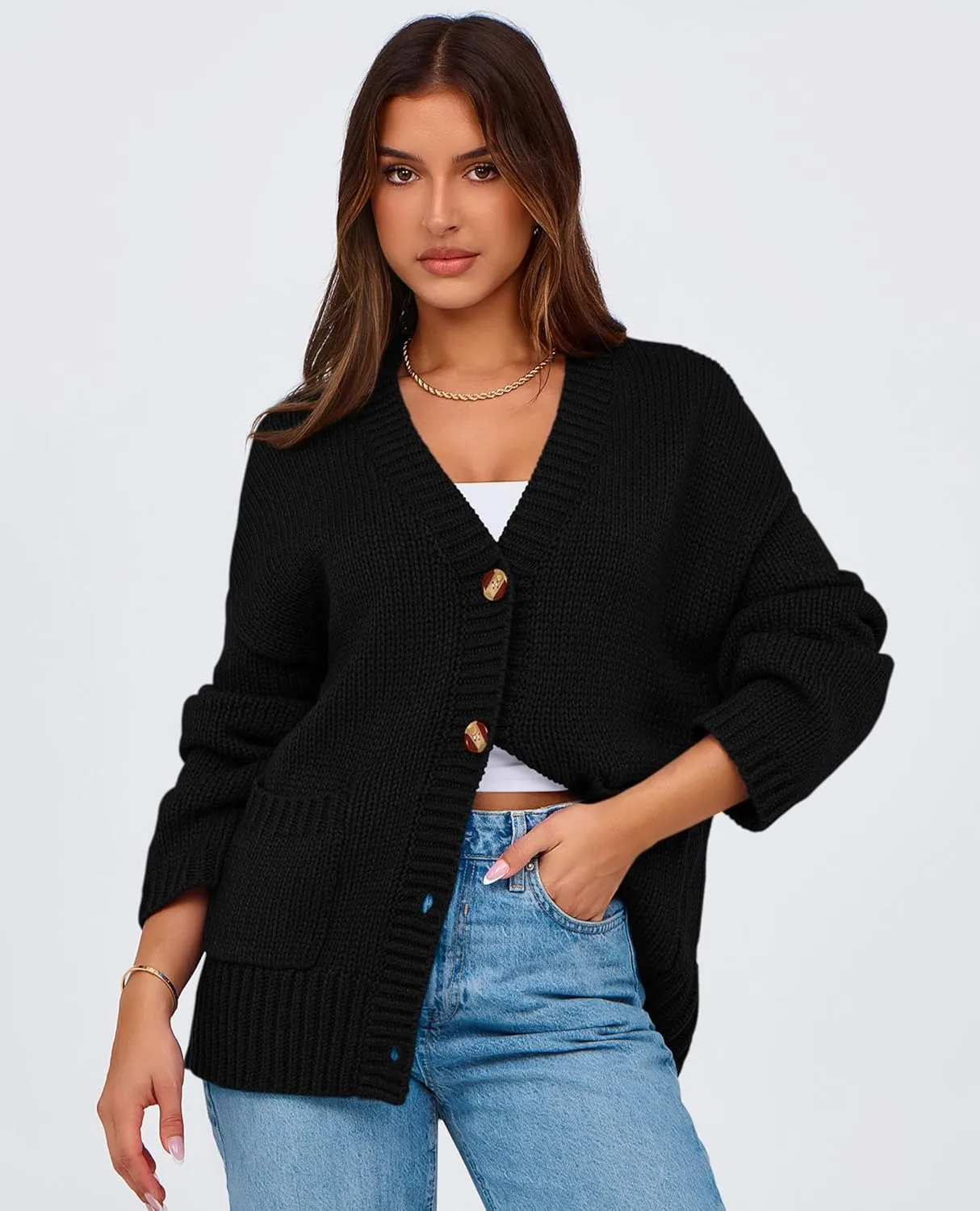 PRETTYGARDEN Women's Cardigan Sweaters Long Sleeve Open Front Button Up V Neck Ribbed Knit Winter Sweater Jackets