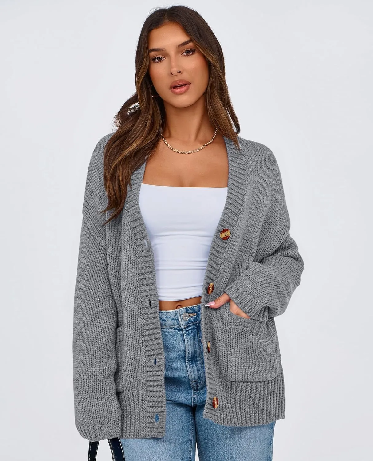 PRETTYGARDEN Women's Cardigan Sweaters Long Sleeve Open Front Button Up V Neck Ribbed Knit Winter Sweater Jackets