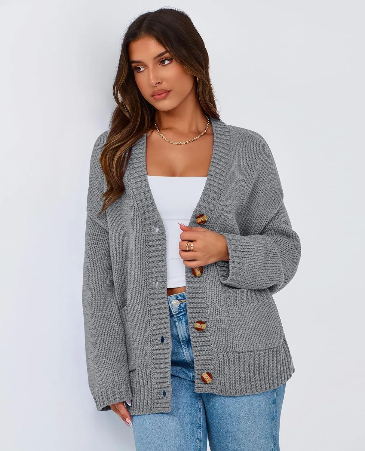 PRETTYGARDEN Women's Cardigan Sweaters Long Sleeve Open Front Button Up V Neck Ribbed Knit Winter Sweater Jackets