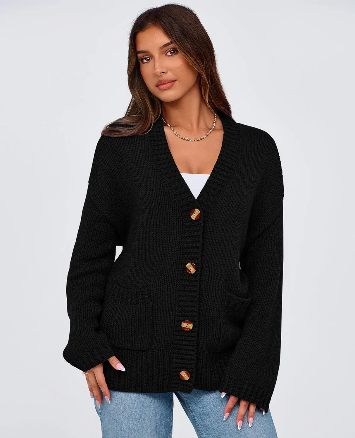 PRETTYGARDEN Women's Cardigan Sweaters Long Sleeve Open Front Button Up V Neck Ribbed Knit Winter Sweater Jackets