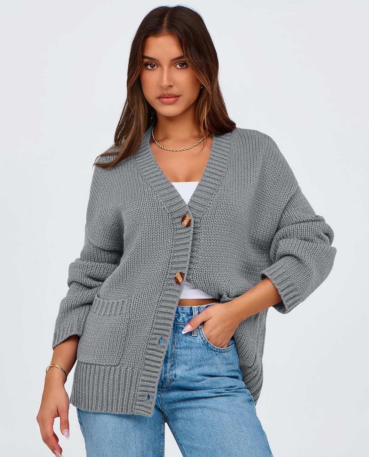 PRETTYGARDEN Women's Cardigan Sweaters Long Sleeve Open Front Button Up V Neck Ribbed Knit Winter Sweater Jackets