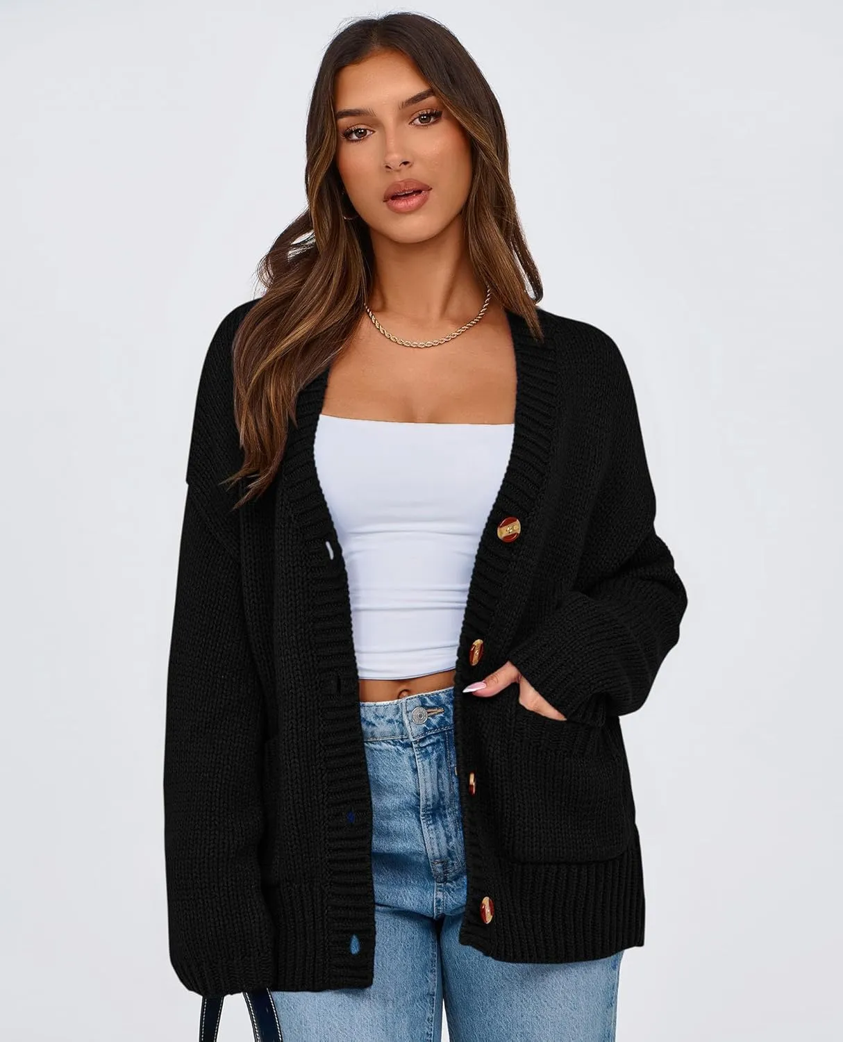PRETTYGARDEN Women's Cardigan Sweaters Long Sleeve Open Front Button Up V Neck Ribbed Knit Winter Sweater Jackets