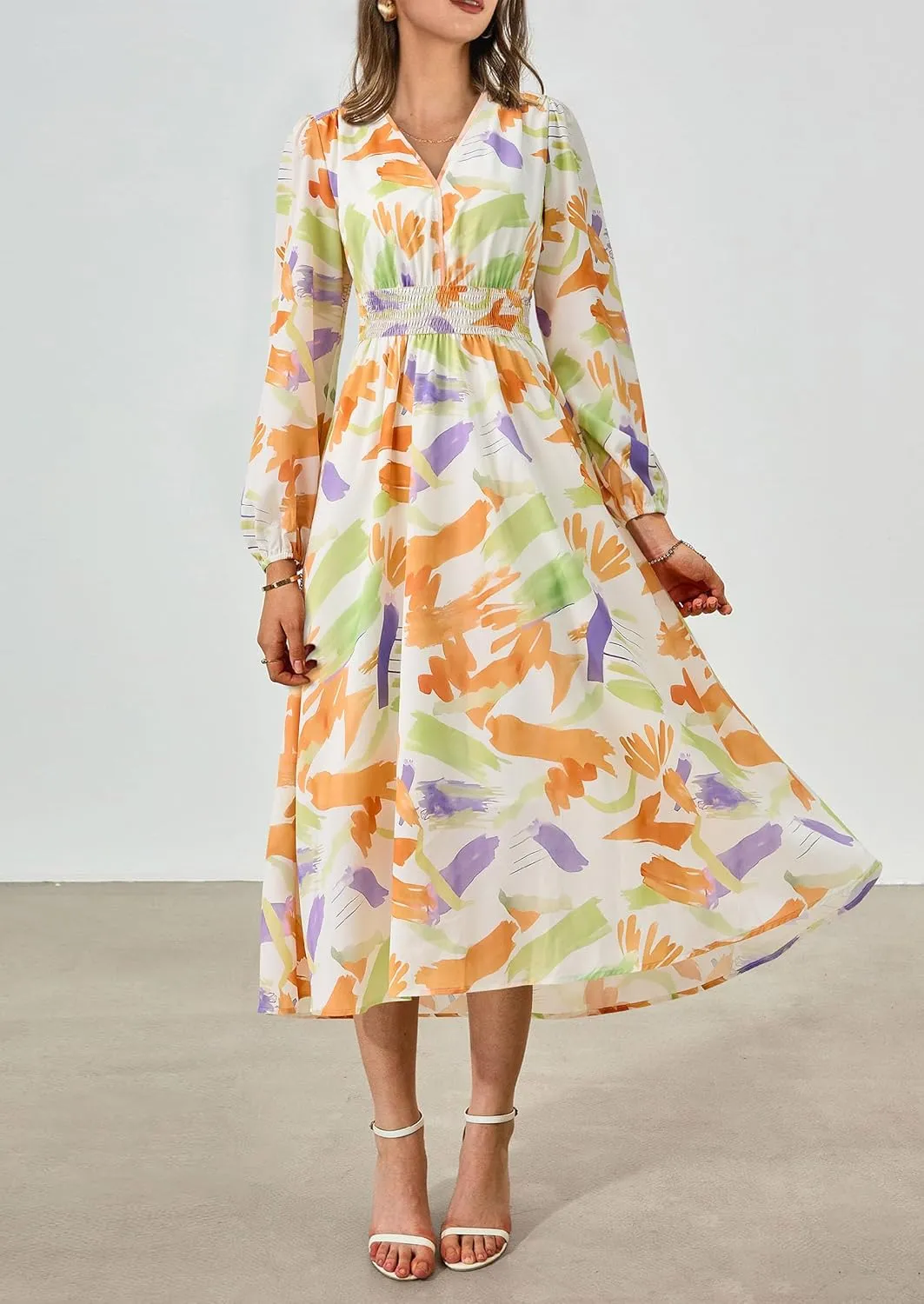 PRETTYGARDEN Women's Spring Floral Midi Dress Fall Long Sleeve V Neck Flowy Casual Beach Vacation Wedding Guest Dresses