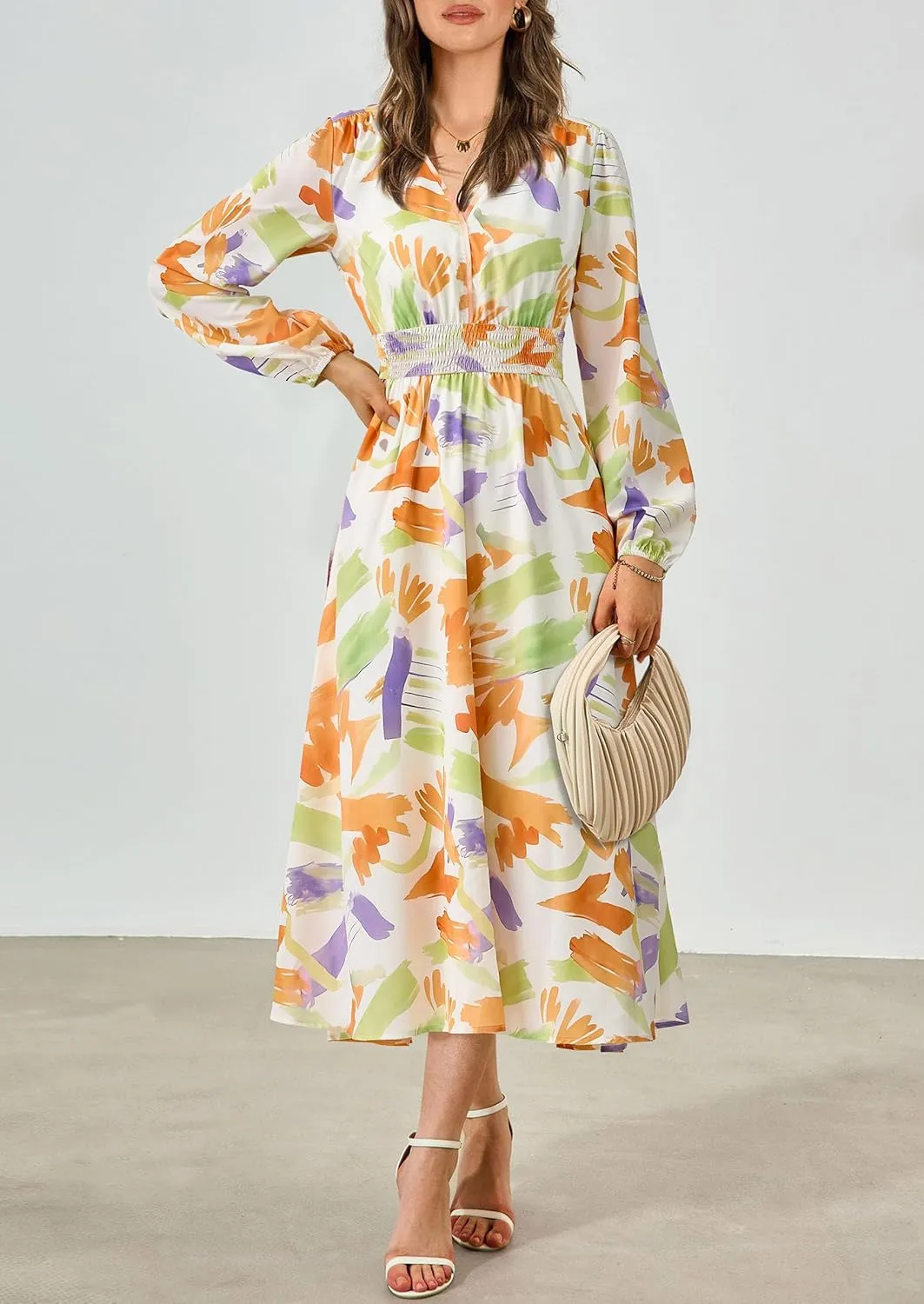 PRETTYGARDEN Women's Spring Floral Midi Dress Fall Long Sleeve V Neck Flowy Casual Beach Vacation Wedding Guest Dresses