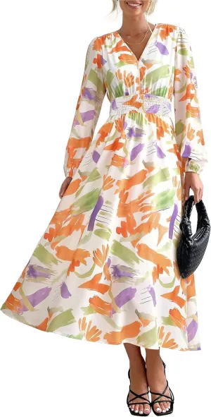 PRETTYGARDEN Women's Spring Floral Midi Dress Fall Long Sleeve V Neck Flowy Casual Beach Vacation Wedding Guest Dresses