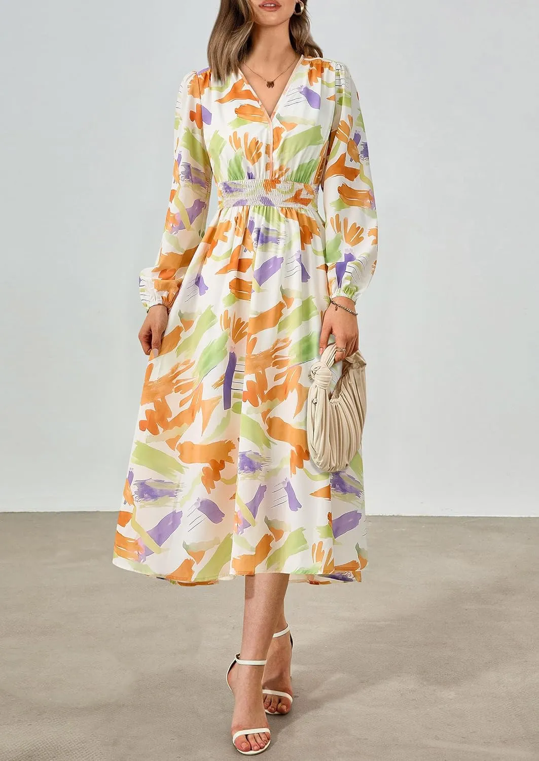 PRETTYGARDEN Women's Spring Floral Midi Dress Fall Long Sleeve V Neck Flowy Casual Beach Vacation Wedding Guest Dresses