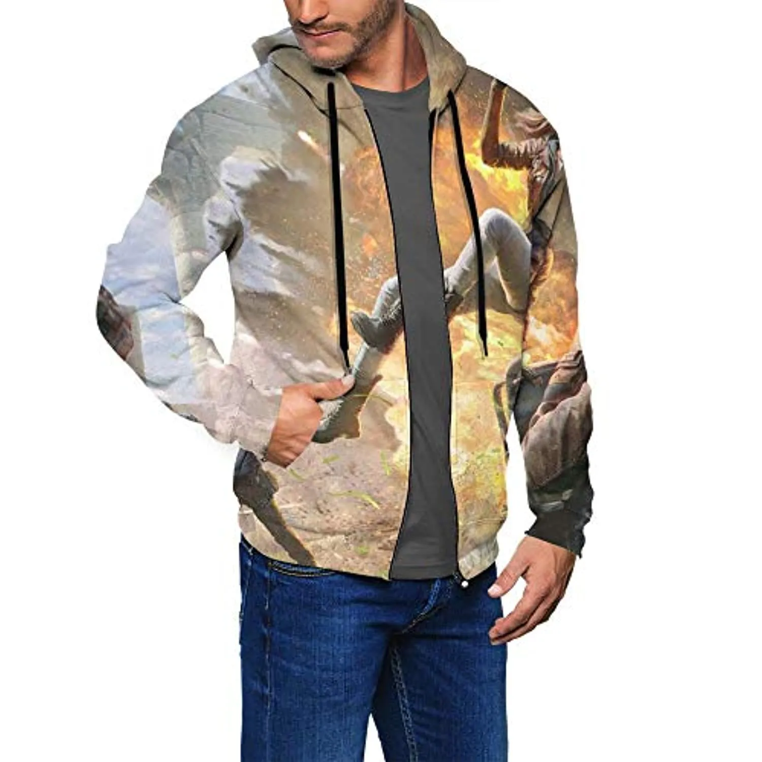PUBG Hoodies - 3D Print Game Playerunknown's Battlegrounds On Fire Pullover with Pockets Beige