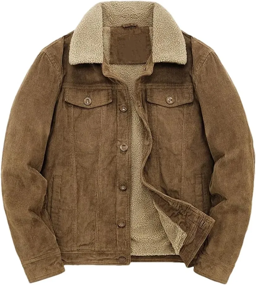 REHJJDFD Male Cotton Jackets Padded Warm Loose Parka Coat Corduroy Short Jacket Man Solid Zip Men's Casual Coat