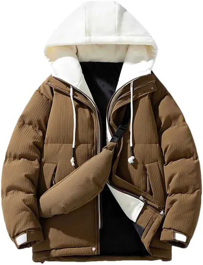 REHJJDFD Men Casual Thicken Warm Cotton Padded Jacket With Bag Hooded Outdoor Coat Parkas Fleece Jacket