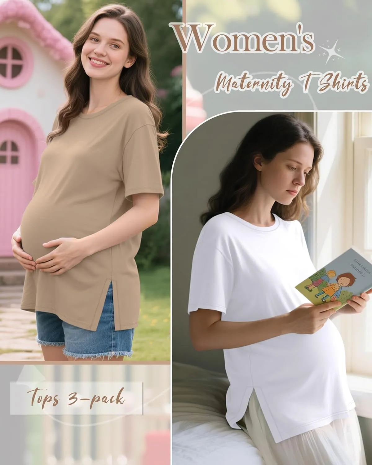 Riyiper 4 Pack Women's Maternity T Shirts, Short Sleeve Split Side Pregnancy Tee Tops Casual Loose Crewneck Maternity Clothes