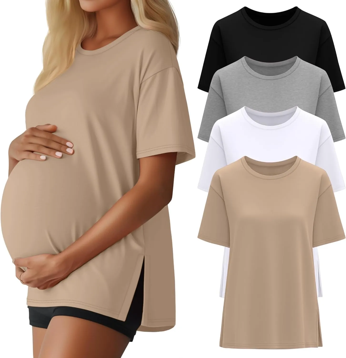 Riyiper 4 Pack Women's Maternity T Shirts, Short Sleeve Split Side Pregnancy Tee Tops Casual Loose Crewneck Maternity Clothes