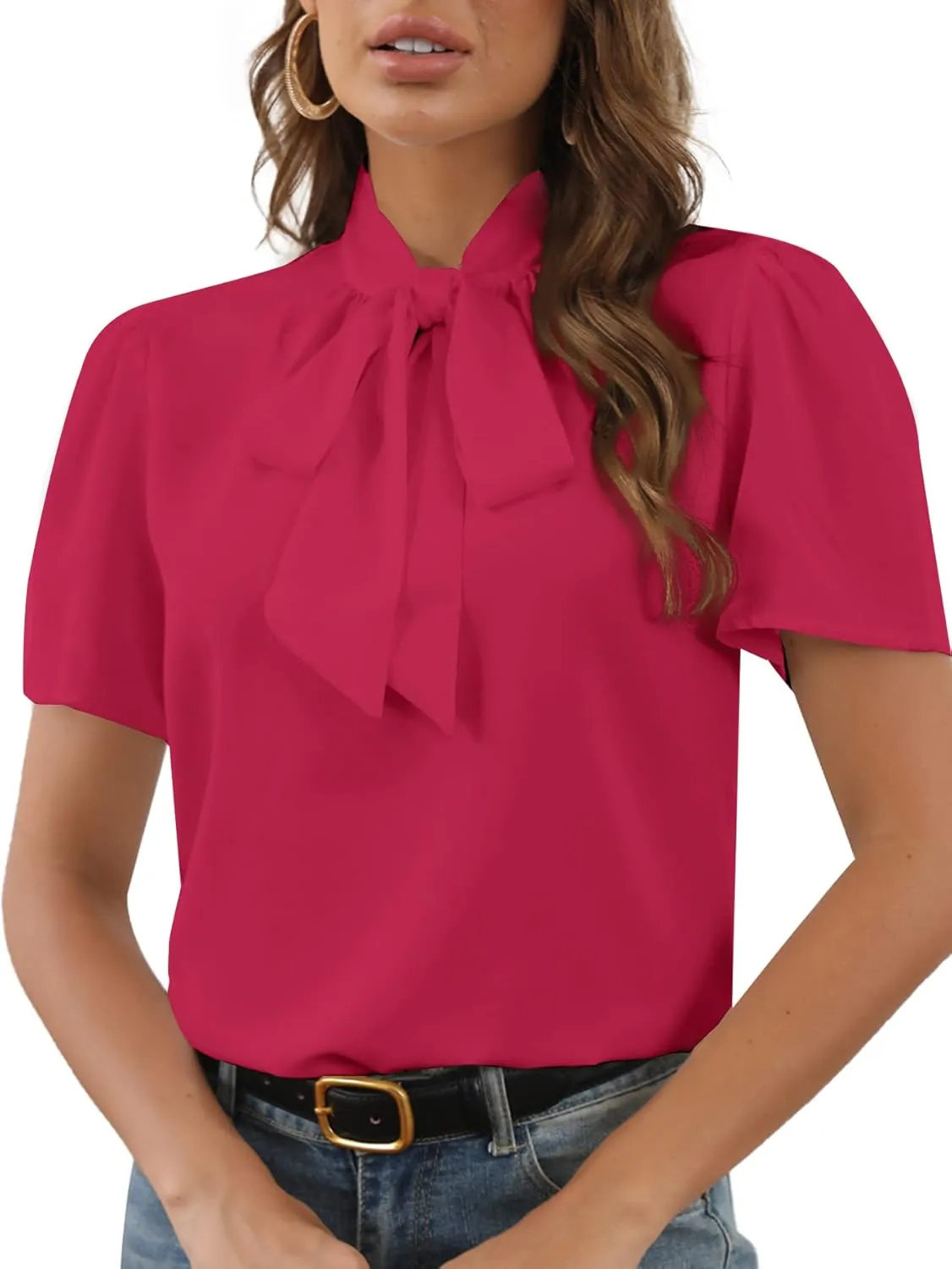 Rooscier Women's Bow Tie Knot Mock Neck Short Sleeve Elegant Workwear Blouse Shirt Top