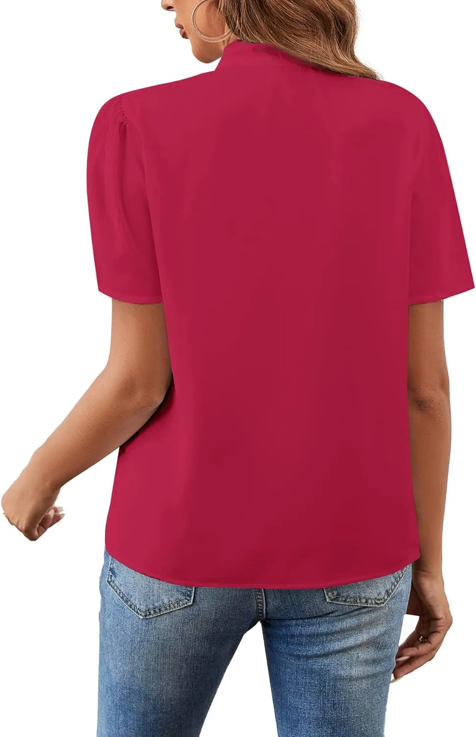 Rooscier Women's Bow Tie Knot Mock Neck Short Sleeve Elegant Workwear Blouse Shirt Top