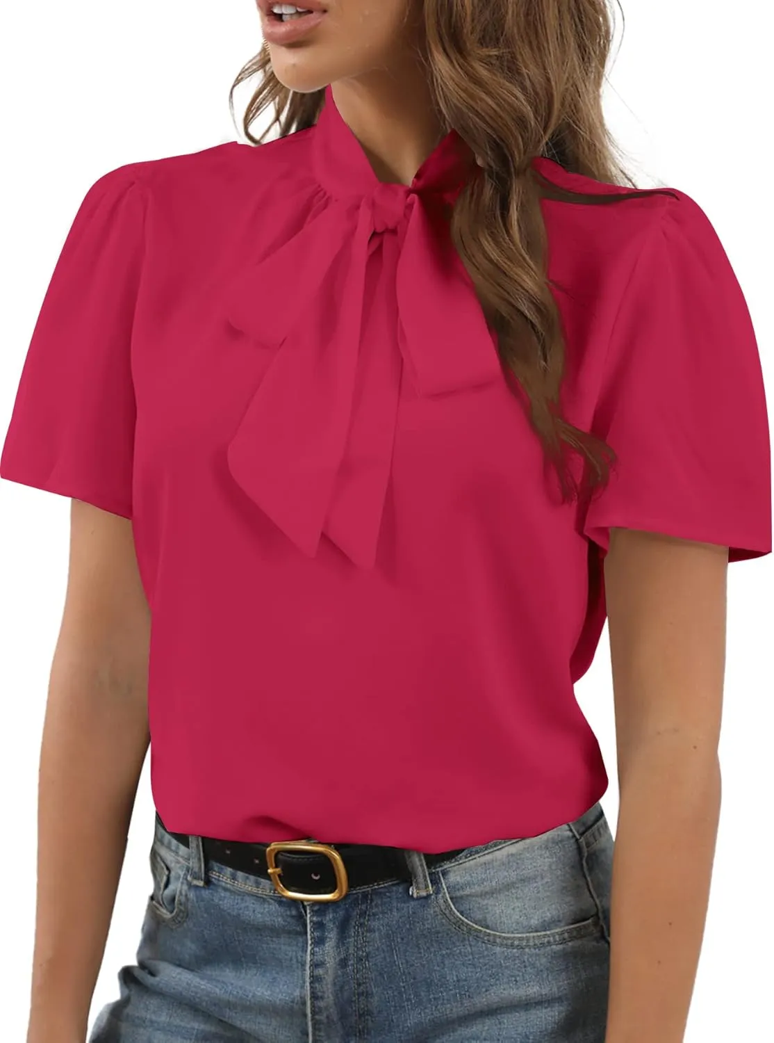 Rooscier Women's Bow Tie Knot Mock Neck Short Sleeve Elegant Workwear Blouse Shirt Top