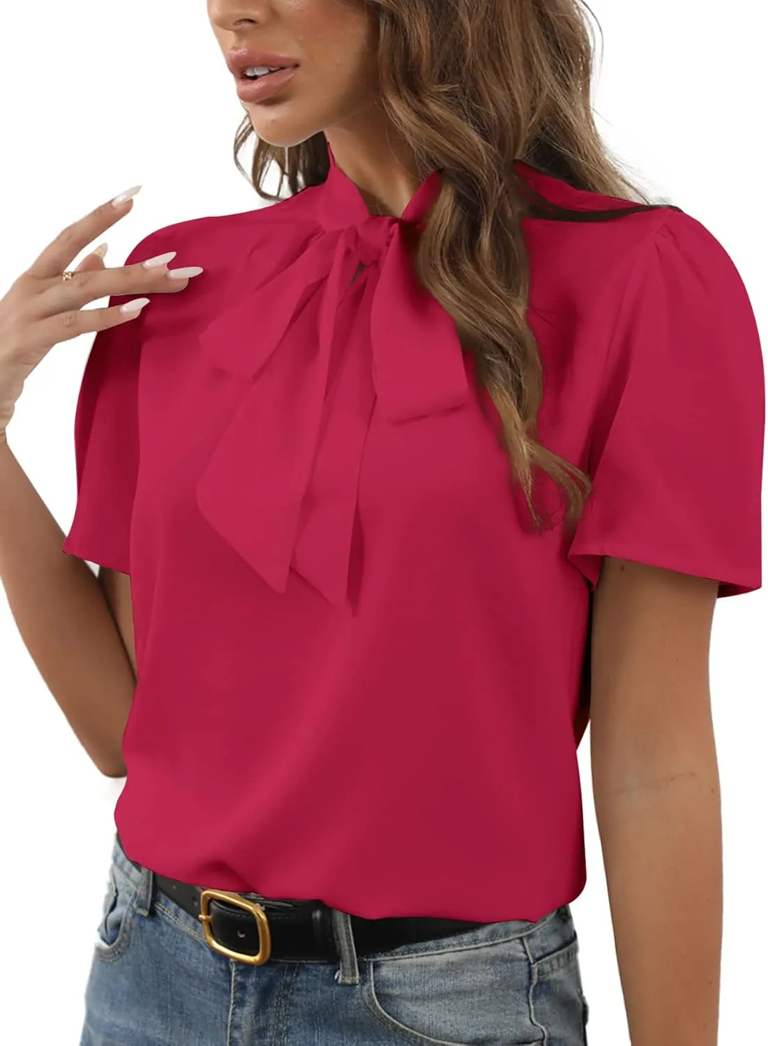 Rooscier Women's Bow Tie Knot Mock Neck Short Sleeve Elegant Workwear Blouse Shirt Top