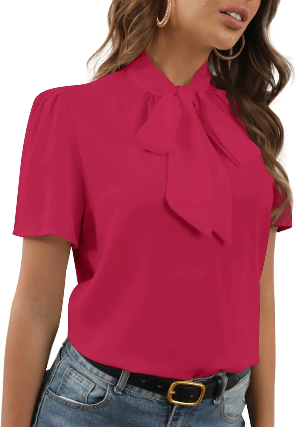 Rooscier Women's Bow Tie Knot Mock Neck Short Sleeve Elegant Workwear Blouse Shirt Top