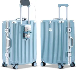 SAFECASTLE Aluminium Magnesium Alloy Luggage Blue, 20-Inch Durable Hardshell Spinner Suitcase with Type-C USB Port, Cup Holder, Travel Makeup Bag and Protective Luggage Cover - Smart ABS Design
