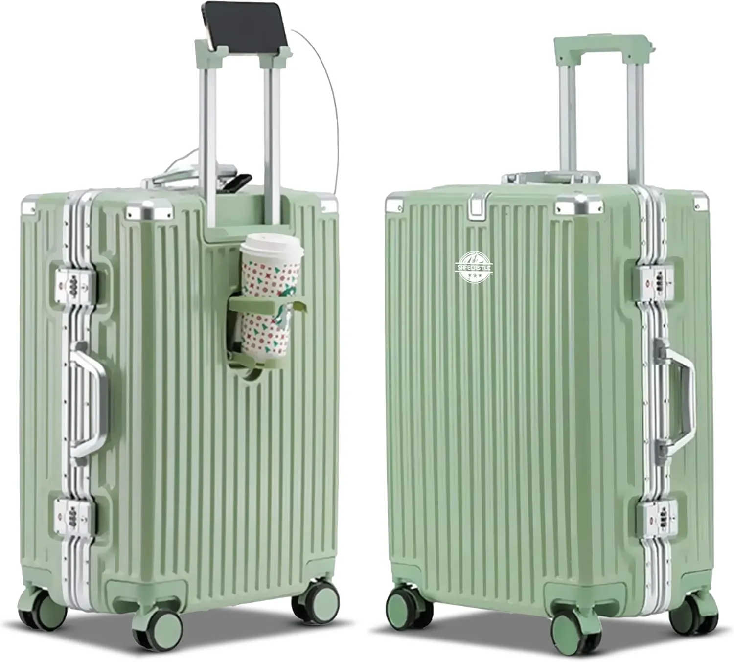 SAFECASTLE Aluminium Magnesium Alloy Luggage Green, 20-Inch Durable Hardshell Spinner Suitcase with Type-C USB Port, Cup Holder, Travel Makeup Bag and Protective Luggage Cover - Smart ABS Design