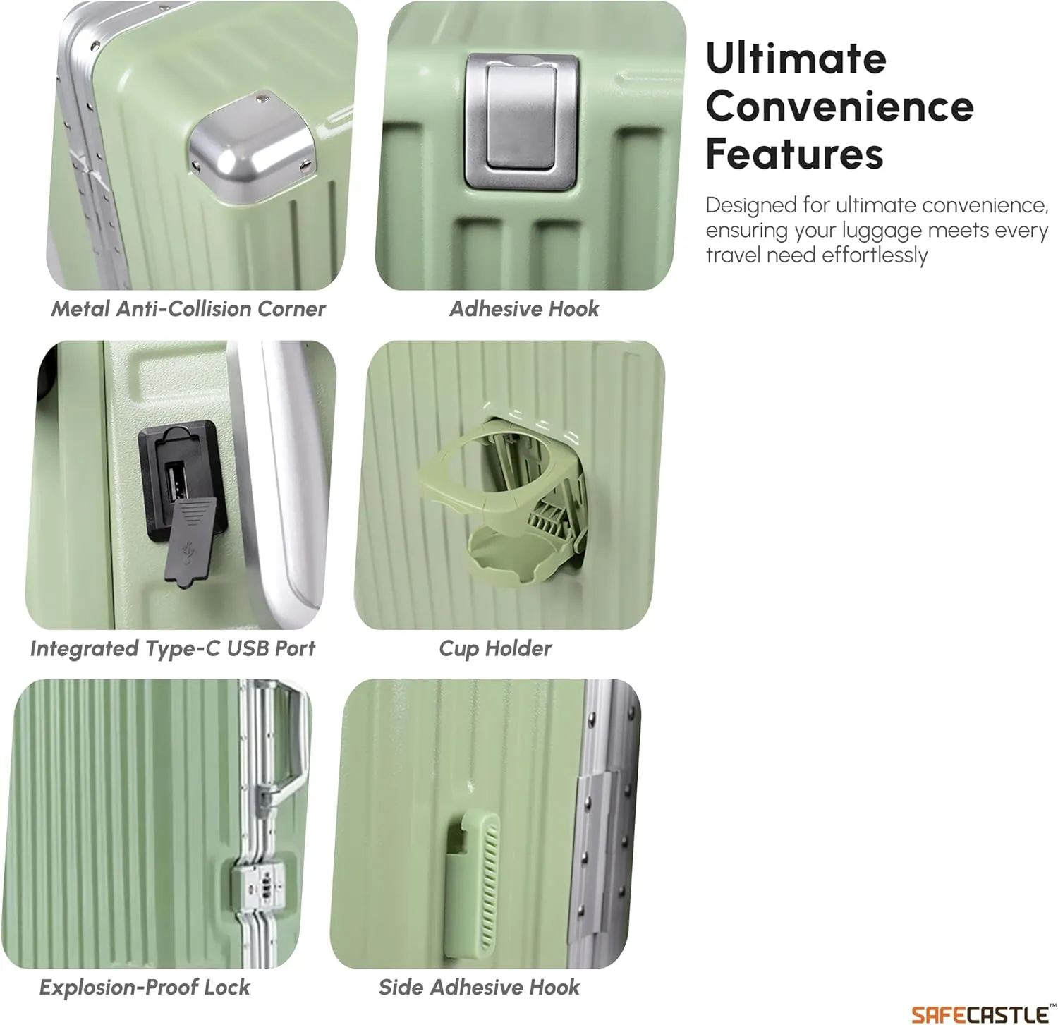 SAFECASTLE Aluminium Magnesium Alloy Luggage Green, 20-Inch Durable Hardshell Spinner Suitcase with Type-C USB Port, Cup Holder, Travel Makeup Bag and Protective Luggage Cover - Smart ABS Design