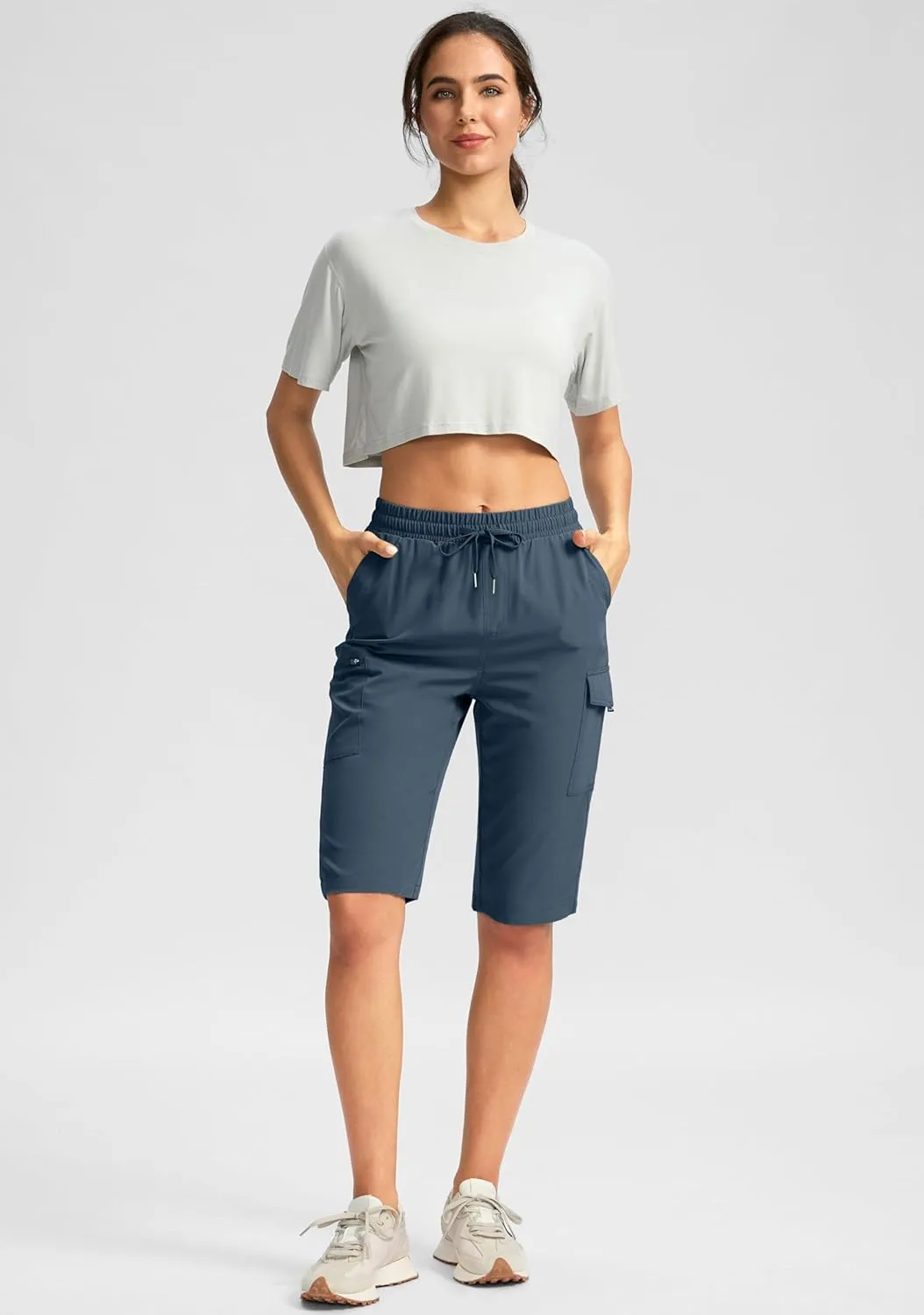SANTINY Women's 13" Long Hiking Shorts Knee Length Quick Dry Cargo Bermuda Shorts for Women with Zipper Pockets