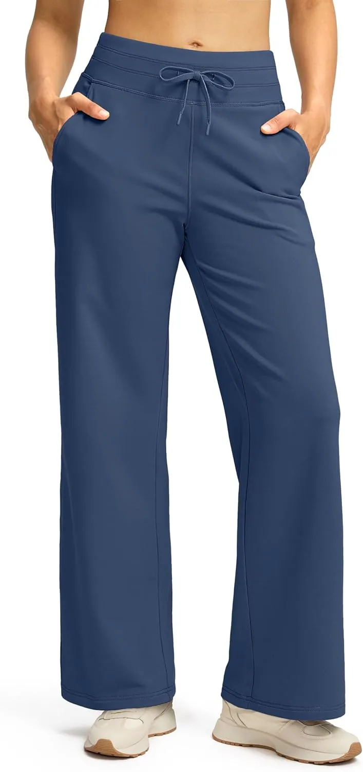 SANTINY Women's Fleece Sweatpants 29" Straight Leg Lined Pants Casual Lounge Winter Warm Sweat Pants with Pockets
