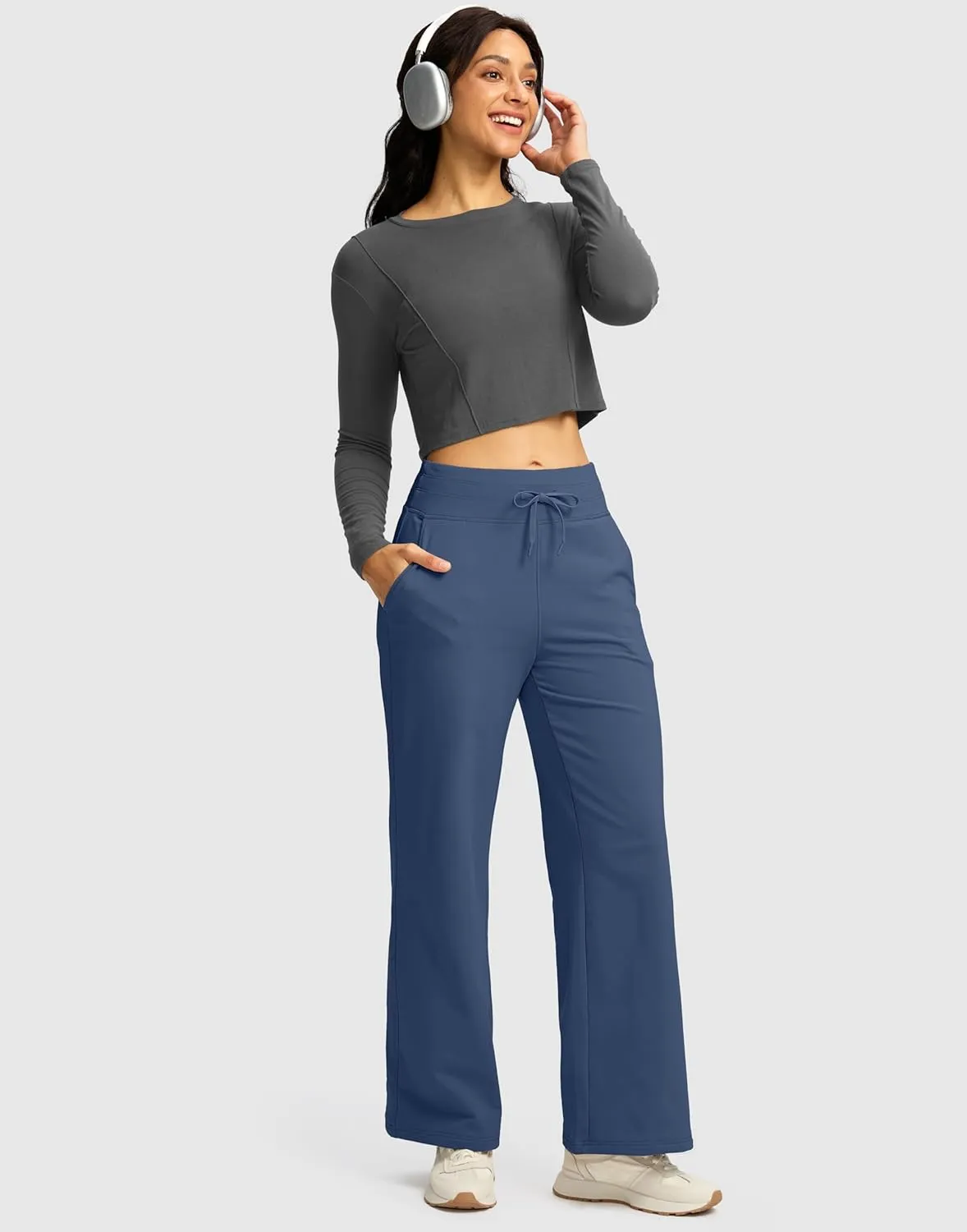 SANTINY Women's Fleece Sweatpants 29" Straight Leg Lined Pants Casual Lounge Winter Warm Sweat Pants with Pockets