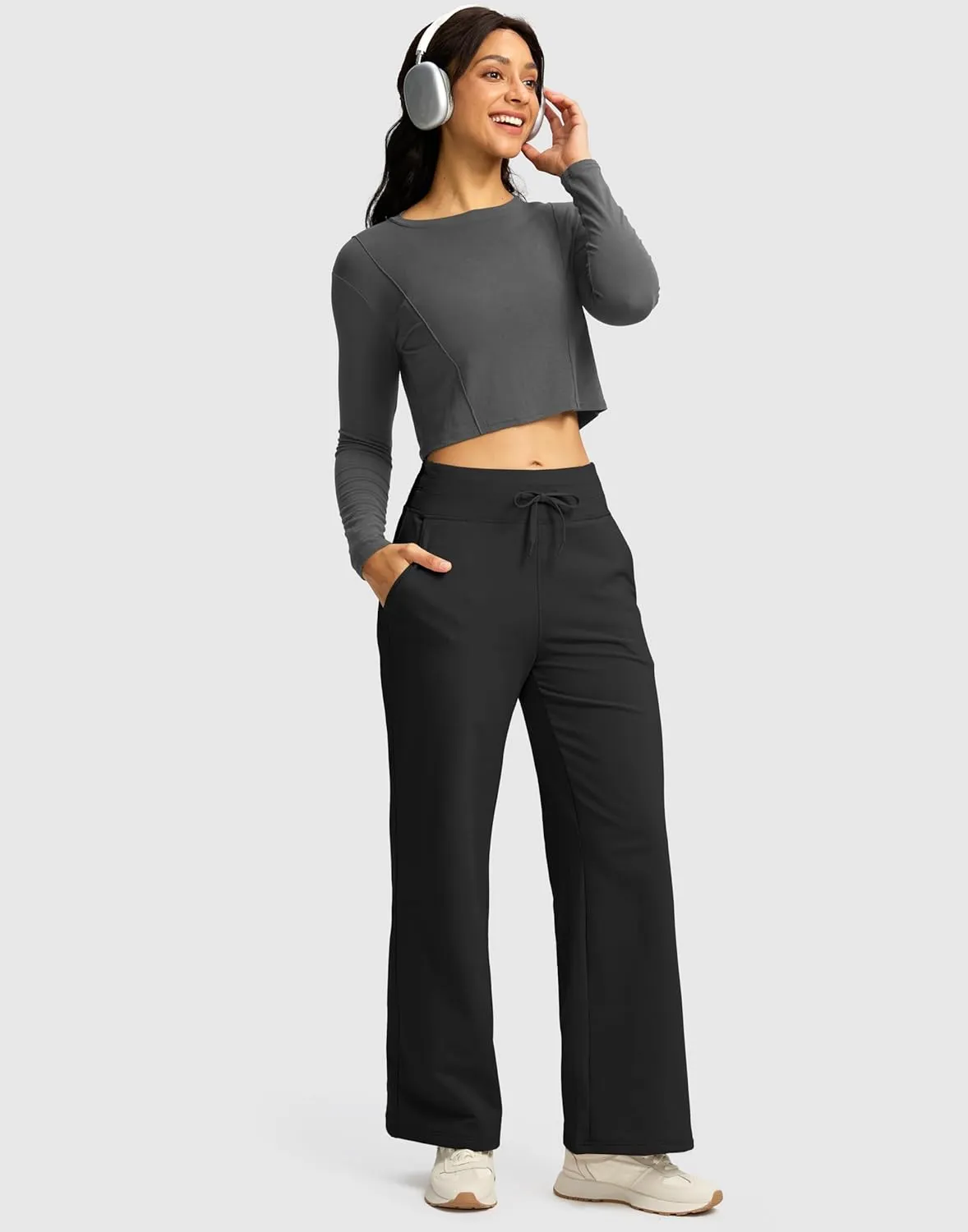 SANTINY Women's Fleece Sweatpants 29" Straight Leg Lined Pants Casual Lounge Winter Warm Sweat Pants with Pockets