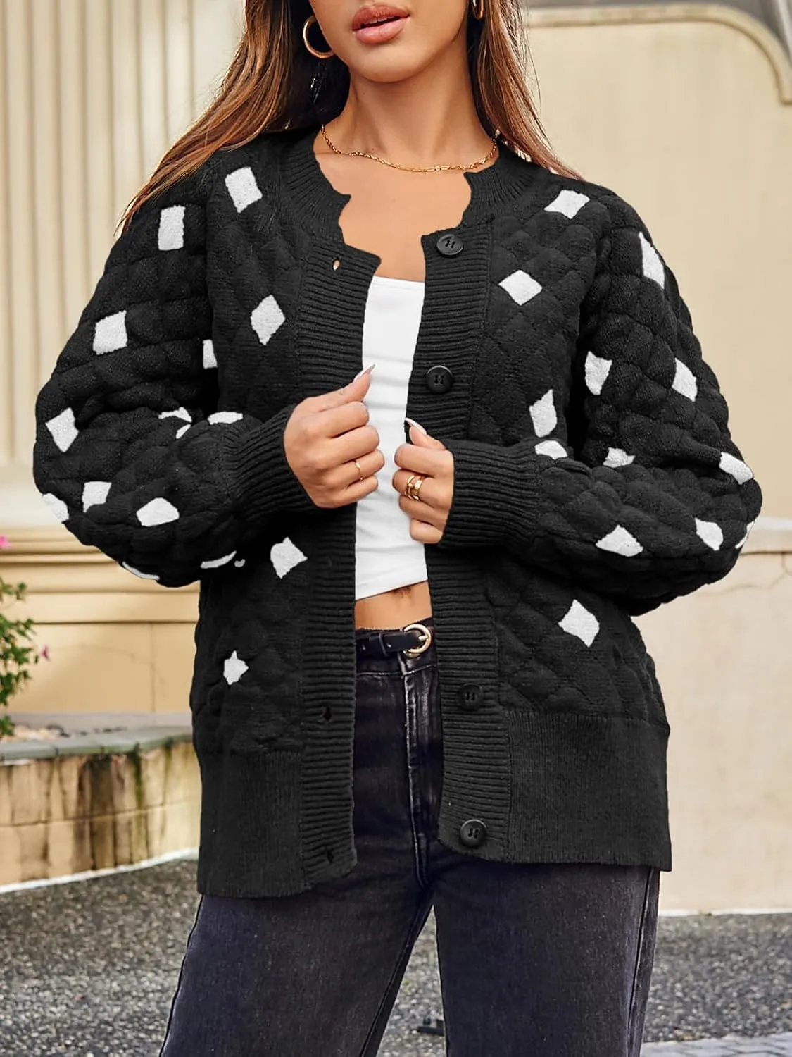 Saodimallsu Womens Chunky Cardigans Button Down Long Sleeve Open Front Plaid Knit Loose Fall Sweater Coats
